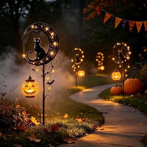 Solar Halloween Black Cat & Pumpkin Moon Garden Stake Light, Outdoor Waterproof LED Yard Decoration with Crescent Moon, Hanging Jack-o'-Lantern Lantern for Patio Lawn Path Yard (B #) - Image 2