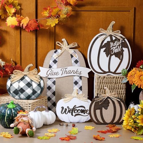 GlikCeil 5 Pcs Fall Pumpkin Signs Give Thanks Outdoor Thanksgiving Decor - Image 5