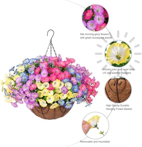 Ivydale Artificial Faux Hanging Plants Flowers Basket for Outdoors Fall Decoration, Silk Morning Glory Eucalyptus Look Real UV Resistant Fake Flowers for Porch Outside Patio Balcony Yard Home Garden - Image 5