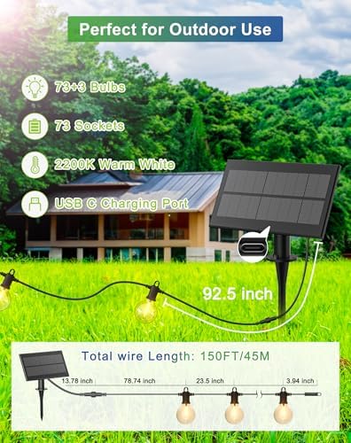 Zuske Solar Outdoor String Lights, 150FT G40 IP65 Waterproof Patio Lights - Image 6