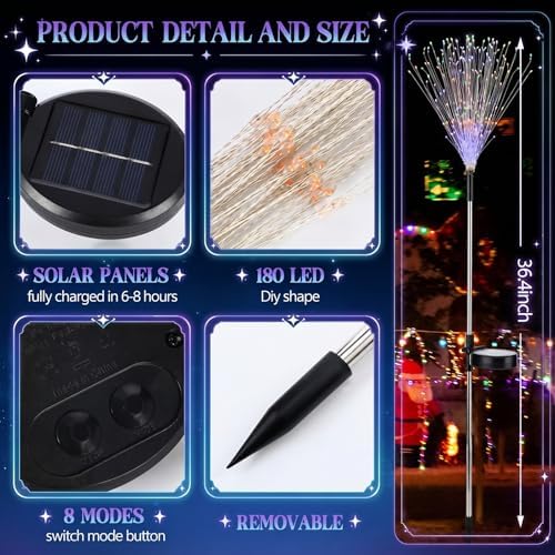 Tujoe 6 Pcs Christmas Solar Firework Stake Lights 180 LED 8 Modes - Image 2
