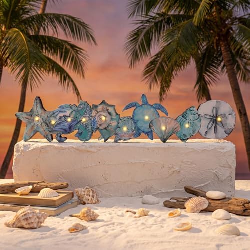 Yousoontic Summer Ocean Table Decorations with LED Lights, 3D Coastal Wooden Centerpieces for Tables, Nautical Starfish Turtles Beach Table Decor for Home Mantel Desk, Summer Party Decorations - Image 2