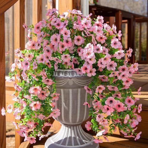 Artificial Hanging Flowers for Outdoor Spring Decoration, 4PCS Fake Silk Daisy with Eucalyptus Leaves UV Resistant Look Real Faux Flowers for Outside Porch Patio Window Box Yard Home Decor (Pink) - Image 2