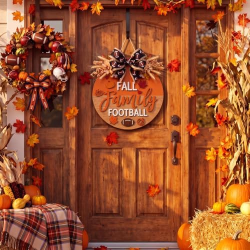 Moucuny Fall Family Football Wreath for Front Door, Wooden Welcome Sign - Image 3