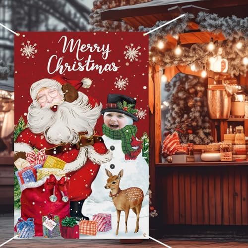 Lunmon 6 x 4 ft Christmas Photo Booth Prop Head Cutout Red Christmas Door Cover Banner Santa Claus Photography Backdrop Snowman Backdrop Xmas Background Party Decoration - Image 5