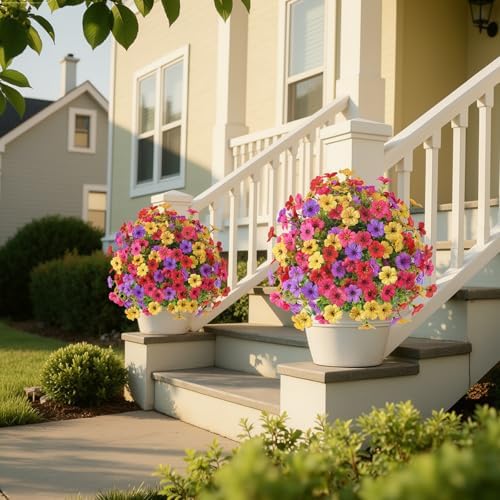 Alupssuc 2Pcs 20" Artificial Topiary Ball Flowers, UV Resistant Outdoor Faux Plants with Ground Spikes, Fake Bushes, 4 Colors Mix Spring Summer Decor for Garden, Porch, Patio & Indoor Planters - Image 5