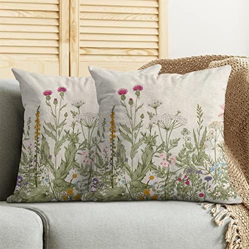 Spring Floral Pillow Covers 18 x 18 Inch Set of 2 Vintage Sage Green Wild Flowers Decor Throw Pillows Wildflower Plant Outdoor Farmhouse Decorative Cushion Cases for Couch Bed Sofa Decoration - Image 3