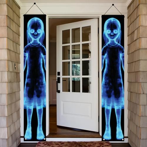 2PCS Halloween Ghost Girl Porch Banners 71 x 12 Inch Creepy Blue Hologram Haunted Spirit Door Decorations Spooky Horror Hanging Signs for Indoor Outdoor Scary Party Entryway Wall Décor - Image 2
