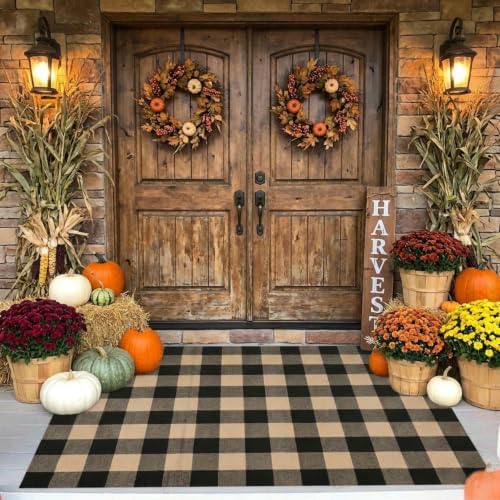 MUBIN Fall Decor Cotton Buffalo Plaid Rug, 4' x 6' Coffee Black Outdoor Rug Decorative Mat, Washable Large Doormat Hand-Woven Foldable Area Rug for Outdoor Patio Indoor Living Room Dining Room Kitchen - Image 3