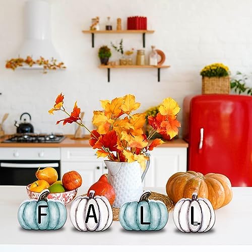 YUJUN 4 Pieces Fall Pumpkin Wooden Signs Decoration,Blue Autumn Tiered Tray Pumpkin Tabletop Decor for Thanksgiving Fall Home Kitchen Harvest Party Decor Supplies - Image 5