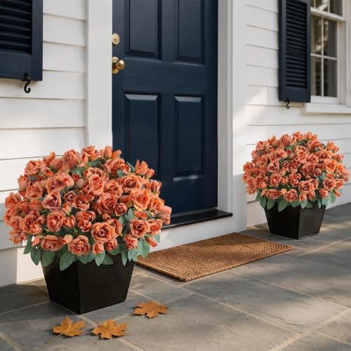 2Pcs Artificial Fall Rose Flower Topiary Tree for Front Porch Decor(Orange) - Image 2