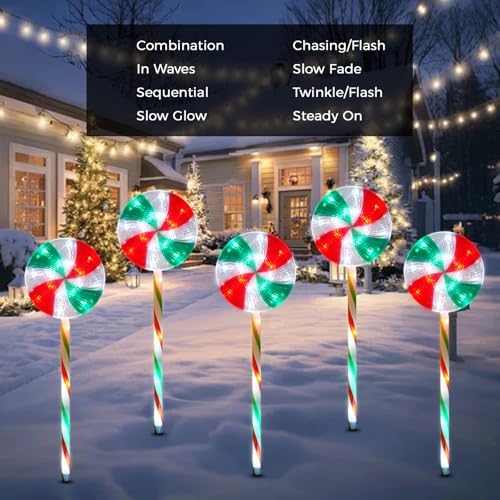 BRIGHTDECK Lollipop Solar Christmas Pathway Lights Outdoor, LED Christmas Decor with 8 Lighting Modes, Light Up Solar Stake Lights for Holiday, Xmas (Red Green White, 10Pack) - Image 7