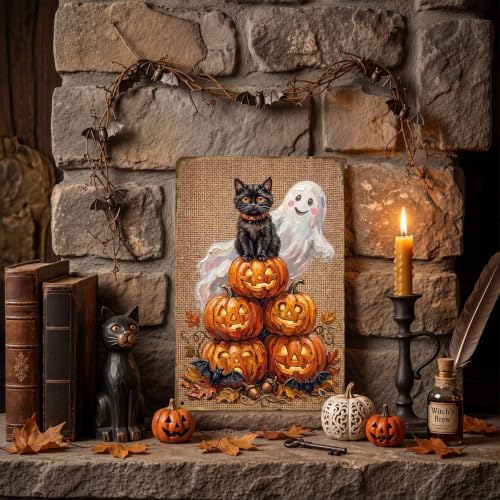 Vintage Halloween Metal Art Sign Black Cat & Pumpkin Wall Decor - Image 7