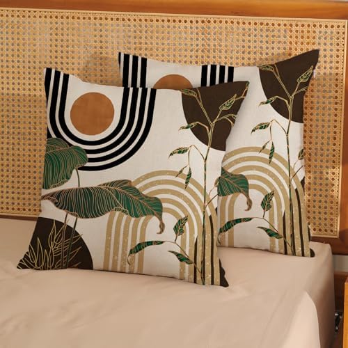 Boho Brown Pillow Covers 20x20 Set of 2 Gold Leaf Tropical Mid Century Throw Pillows Outdoor Bohemian Abstract Modern Decorative Pillowcase Farmhouse Linen Cushion Case for Couch Sofa Decor - Image 3