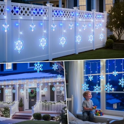 13 Ft 192 LED Snowflake Christmas Icicle Lights with 16 Drops, 8 Modes and Timer, IP65 Waterproof Connectable for Indoor Outdoor House Window, Blue and White - Image 7