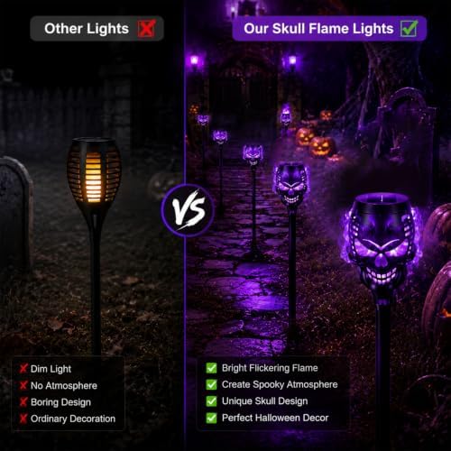 8 Pack Solar Halloween Lights Outdoor, Flickering Flame Skull Torches, Waterproof Purple Solar Lights for Yard, Spooky Skull Pathway Lights for Halloween Outdoor Decorations (Purple) - Image 3