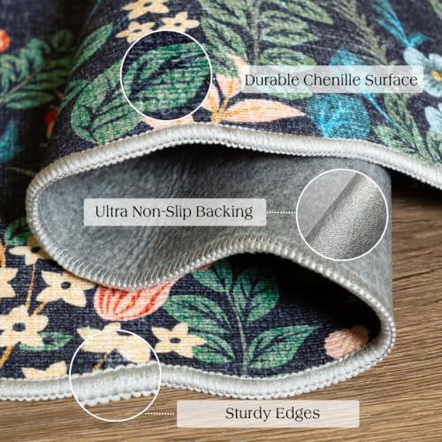 Front Door Mat Indoor Entrance - 2x4.3 Ft Dark Navy Floral Washable Layered Doormat Outdoor Entrance Porch Rug Non-Slip Boho Runner Rug for Kitchen Hallway Bedroom Laundry Room Porch Decor - Image 2