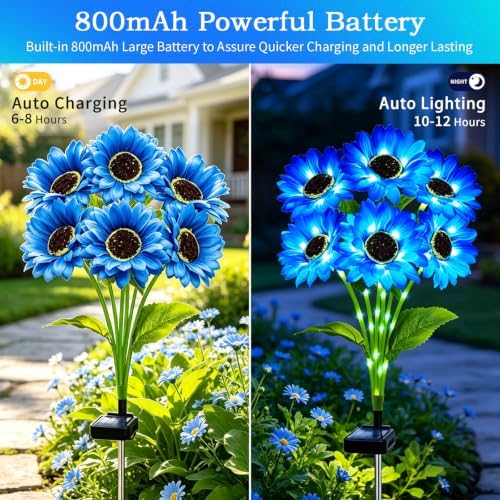 MRHEPHAESTUS Solar Garden Lights Outdoor, 4 Pack Solar Blue Sunflower Lights with 18 Head 3.5 Inch Flowers, Waterproof Flowers Light Fall Decor Auto ON/Off for Garden Yard Patio, Gifts for Mom Women - Image 3
