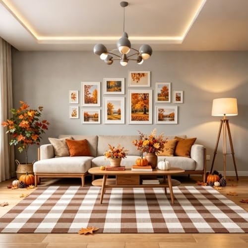 Buffalo Plaid Area Rug 5x7 Ft, Brown White Indoor Outdoor Rug - Image 3