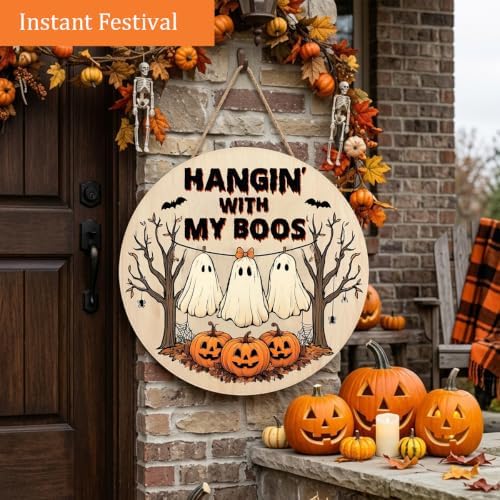 Halloween Decorations Wooden Sign for Home, Hangin' with My Boos Ghost Sign - Image 2