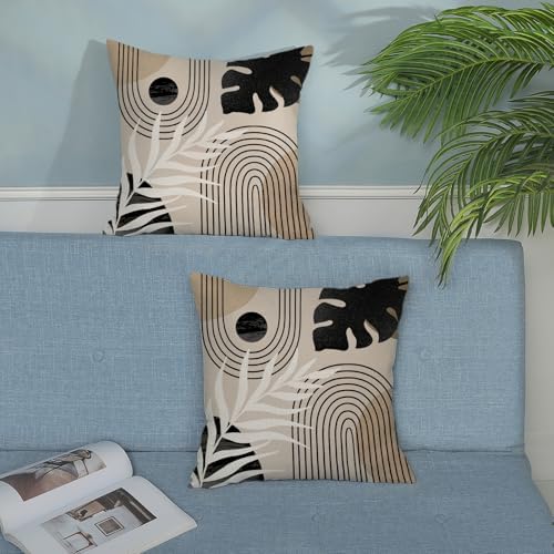 Boho Pillow Covers 16x16 Set of 2 Mid Century Black Beige Tropical Leaf Throw Pillow Covers Outdoor Decor Modern Abstract Decorative Pillow Cases Farmhouse Linen Cushion Case for Couch Sofa - Image 4