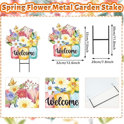 JarThenaAMCS Spring Flower Metal Garden Stakes Colorful Floral Vase Decorative Lawn Sign Welcome Yard Sign for Home Outside Lawn Porch Walkway Decor - Image 2