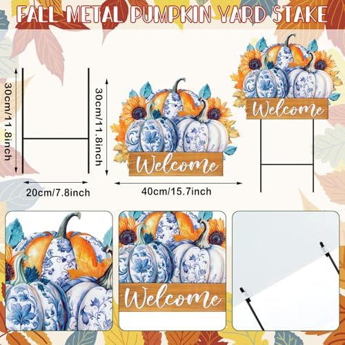 Yuntau Blue White Pumpkin Yard Stake 24 Inch Metal Fall Welcome Sign - Image 2