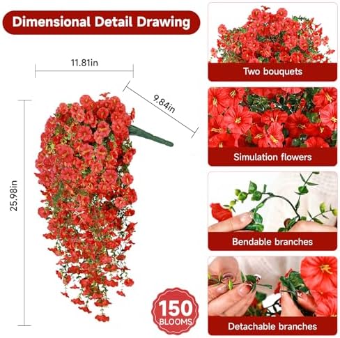 Artificial Hanging Flowers for Outdoors, 2 PCS 300 Blooms UV Resistant Morning Glory Faux Silk Vines, No-Odor Realistic Fake Plants for Garden Planter Porch Patio Decoration, Red - Image 3