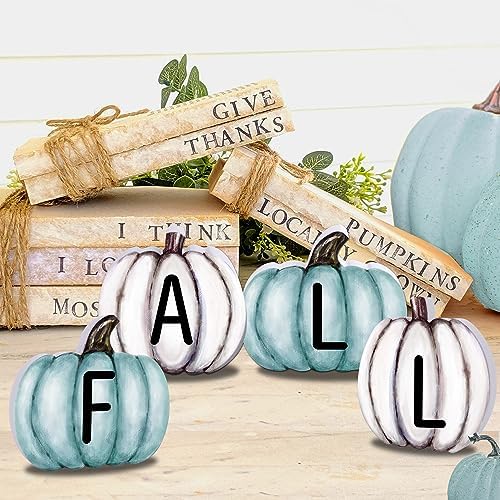 YUJUN 4 Pieces Fall Pumpkin Wooden Signs Decoration,Blue Autumn Tiered Tray Pumpkin Tabletop Decor for Thanksgiving Fall Home Kitchen Harvest Party Decor Supplies by YUJUN