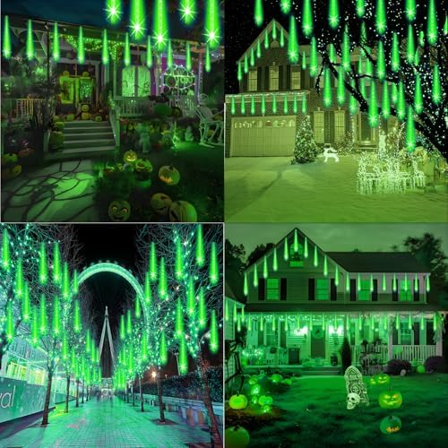 Weepong Halloween Lights Outdoor, Meteor Shower Christmas Lights for Halloween Decorations, 8 Tube 192 LED Snow Falling Rain Icicle String Light for Xmas Christmas Decor Tree Party, UL Plug Green - Image 4