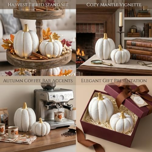 White and Gold Pumpkin Fall Decor, Set of 2 Resin Pumpkins for Decorating - Image 5