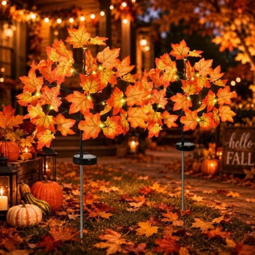 Fall Decorations Outdoor Solar Lights, 2Pcs Thanksgiving Lights 40LED 80 Maple Leaves Stake Light Waterproof 8 Lighting Modes for Autumn Patio Garden Yard Outside Halloween Thanksgiving Decorations by Unknown
