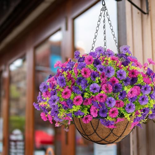 Artificial Fake Hanging Flowers with Basket for Outdoor Decor 12 Pcs UV Resistant Faux Silk Morning Glory Flowers Plants for Outdoor Outside Planters Home Porch Patio Balcony Spring Summer Décor - Image 2