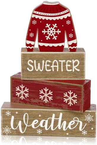Lineshading 4 Pcs Christmas Table Decoration Wooden Block Signs Sweater by Lineshading
