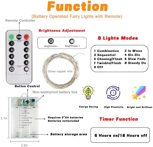 3 Pack 60 LED Fairy Lights Battery Operated with Remote, 20 FT Cool White - Image 3
