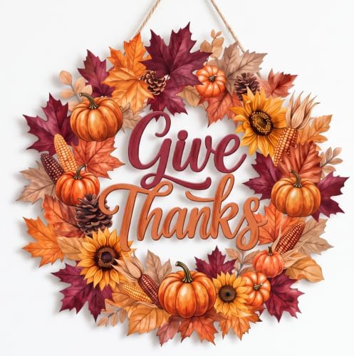 Yalikop Thanksgiving Door Sign Wreath Wooden Fall Give Thanks Hanging Sign Autumn 3D Hollow Maple Leaf Pumpkin Front Door Hanger Wall Decor for Harvest Porch Indoor Outdoor Home Decorations by Yalikop