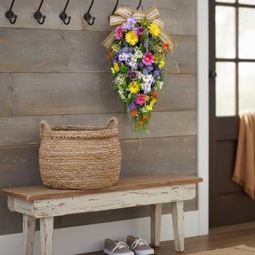 25 Inch Lighted Spring Summer Teardrop Swag with Timer Daisies Wildflower Burlap Bow Farmhouse Floral Decor for Front Door Wall - Image 7