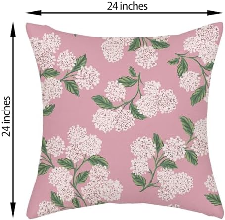 Pink Pillow Covers 24x24 Inch 2 Pcs Preppy Pink Green Hydrangea Flower Decor Throw Pillows Vintage Floral Seasonal Spring Summer Outdoor Decoration Pillowcase Linen Cushion Cover for Couch Sofa - Image 6