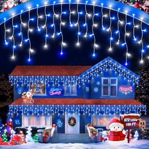 106 FT Christmas Lights Outdoor, 972 LED Waterproof Outside Christmas Lights Plug in, Connectable 8 Modes Hanging Fairy Lights with 216 Drops for House Eaves Yard Patio Blue and White by JIXXULVU