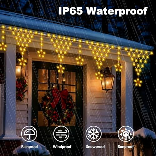Christmas Outdoor String Lights Waterproof, 218 LED 13.8FT Star Curtain Fairy Lights with 11 Drops Connectable Clear Wire Christmas Light Decorations 8 Modes for Eaves Yard Wedding Party Holiday Decor - Image 4