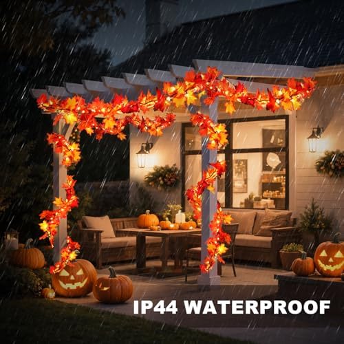 2 Pack Fall Decorations Lighted Fall Garland, 9FT 50 Count Incandescent Lights Brown Wire UL Certified Connectable Maple Leaves String Lights for Home Fireplace Mantle Thanksgiving Decor - Image 5