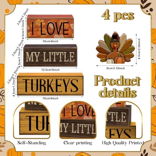 Lineshading 4 Pcs Thanksgiving Block Signs, I Love My Little Turkeys Wood - Image 6
