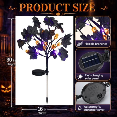 Gerrii 2 Pcs Halloween Decorations Outdoor Solar Lights with Black Leaves - Image 2