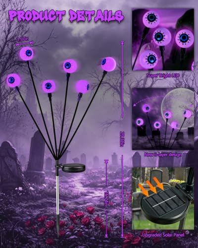 Solar Halloween Decorations Outdoor 6 Pack 36 LED Purple Eyeball Lights - Image 4