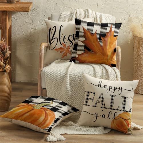 Fall Pillow Covers 20x20 Thanksgiving Farmhouse Decorations Buffalo Plaid Pumpkin Maple Leaf Outdoor Fall Decor Throw Pillow Covers Blessed Autumn Harvest Cushion Case for Sofa Couch Set of 4 - Image 2