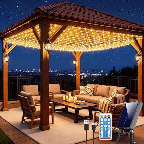 Pooqla Solar Net Lights, 10x10ft 280LED Gazebo Net Lights Outdoor with 8 Modes, Solar & USB Powered Waterproof String Lights Clear Wire, Chandelier for Pergolas, Patio, Bush, Backyard Decor Warm White by Pooqla