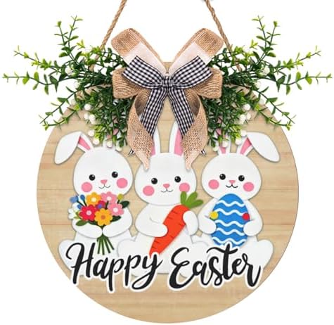 Easter Bunny Door Wreath for Outdoor Decorations Happy Easter Rabbit Door Sign with Bow Wooden Hanging Porch Signs for Holiday Home Wall Decor by Cryfox