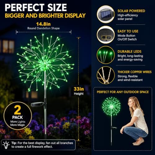 suddus Solar Garden Lights Outdoor - 150 LED Green Firework Lights Waterproof with 8 Modes, Solar Stake Lights Decorations for Outside Yard Pathway Flower Bed Halloween Decor (2 Pack) - Image 5