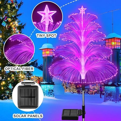 Solar Christmas Decorations Trees Lights Outdoor Waterproof Solar Christmas Tree Jellyfish Lights 5 Layer Optical Fiber 7 Color Changing for Pathway Lawn Patio Outside Decorative, 3PCS - Image 5