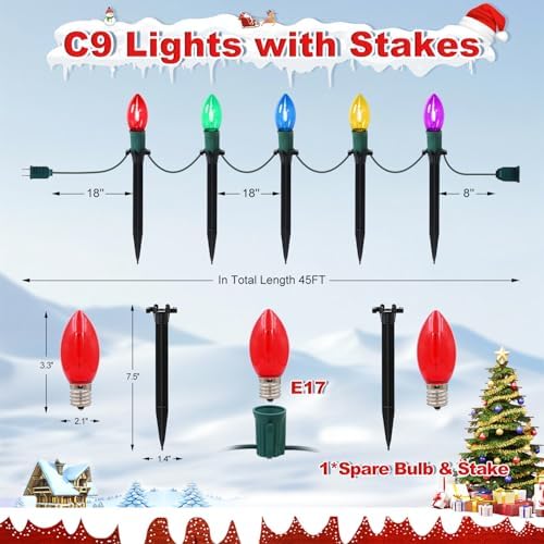 USOKYO 45Ft C9 Led Christmas Pathway Lights Outdoor, 30 Multicolor Bulbs Waterproof Connectable Christmas Walkway Lights for Driveway, Yard, Lawn, Sidewalk Decorations - Image 4